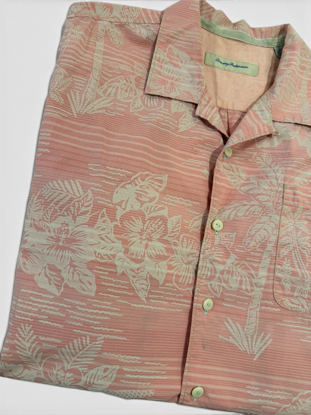 5 for $25!! Tommy Bahama Pink/Salmon Palm Print, Tropical Camp Shirt XL - Picture 13 of 14